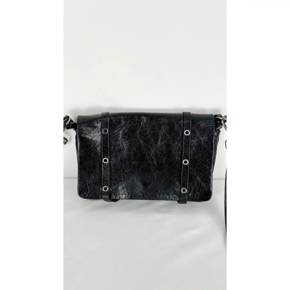 Lia Numa Womens Black Handbag Crossbody Strap Genuine Leather Grommet Purse